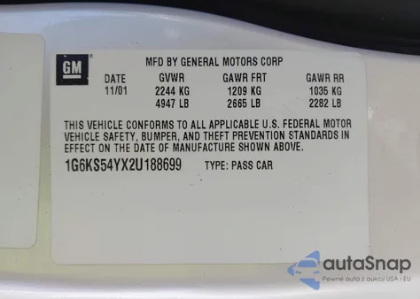 2002 Cadillac Seville Sls z USA, uszkodzony, nr VIN 1G6KS54YX2U188699